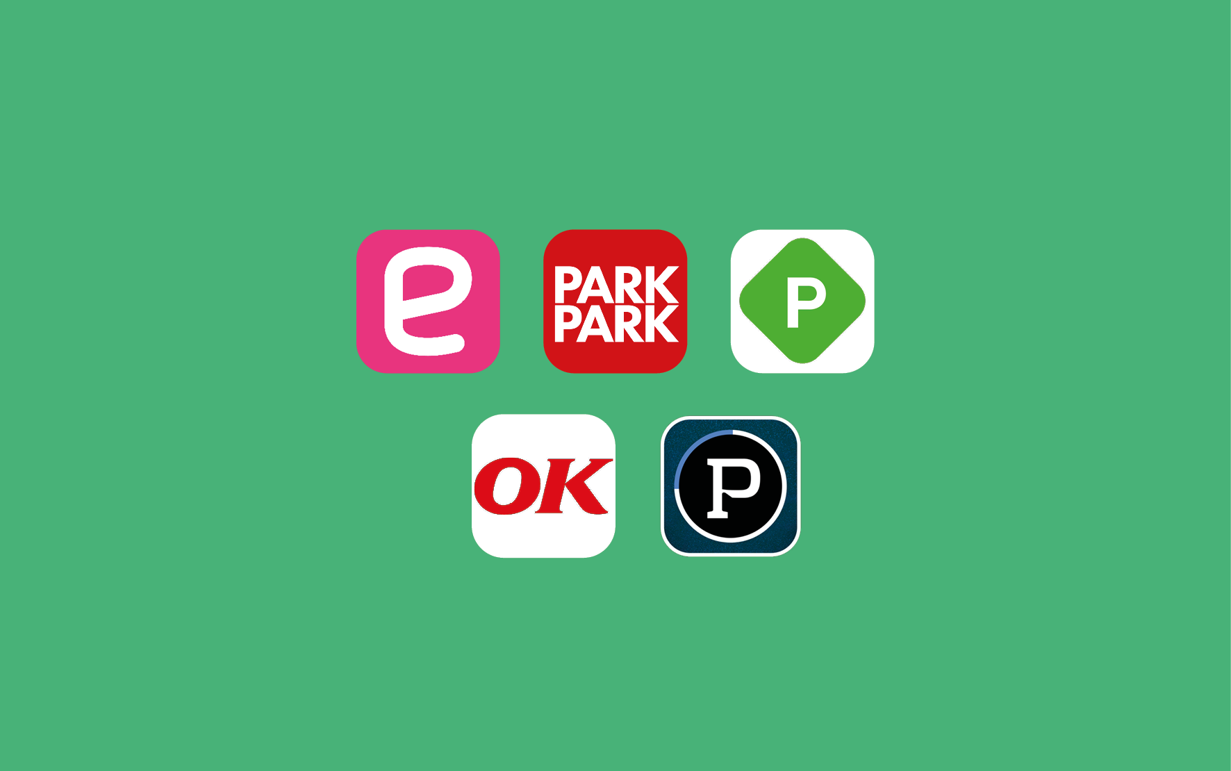 Logoer for de fem apps, der kan bruges ved betaling for parkering i Musicon-bydelen
