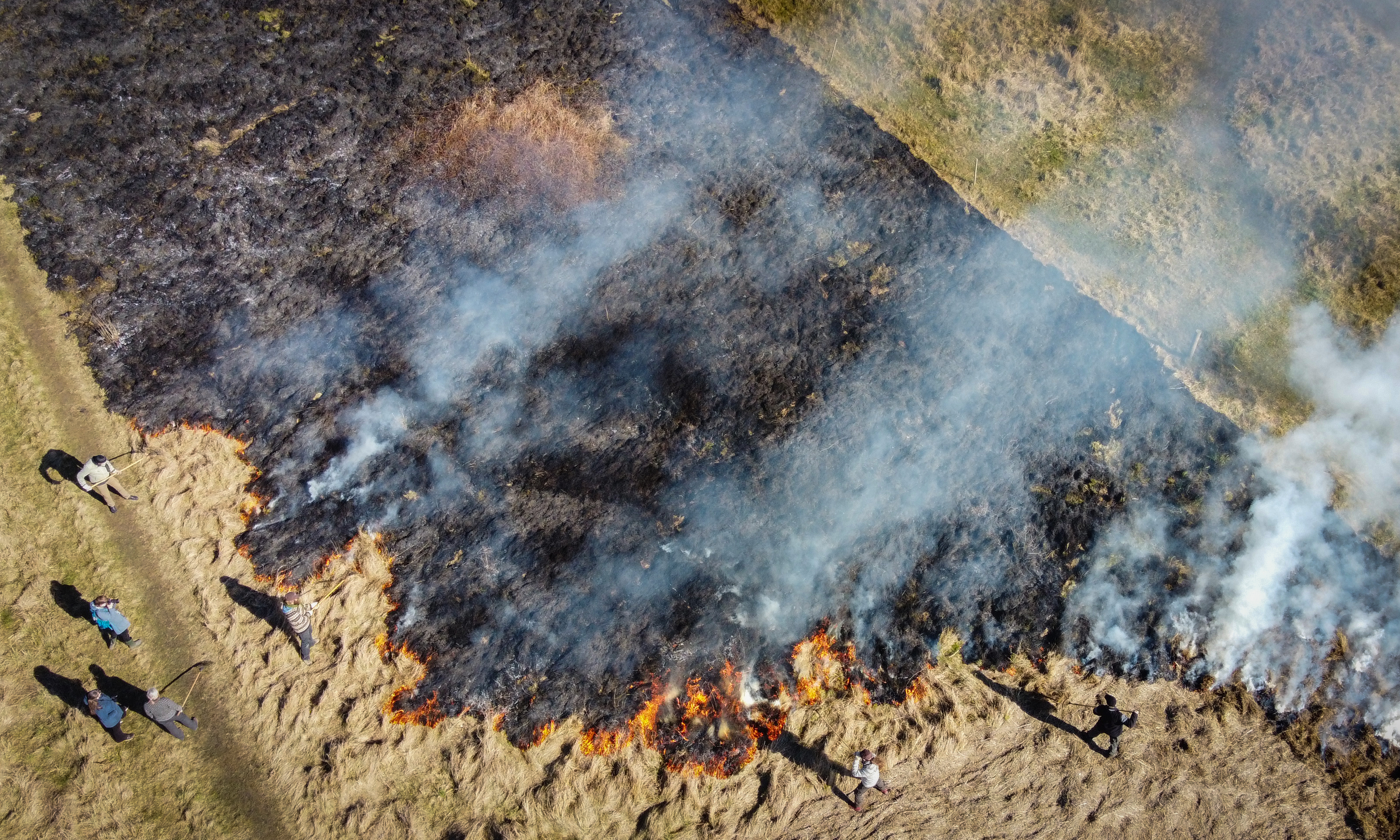 Det tykke lag førne på det første stykke eng er ved at være brændt af. 